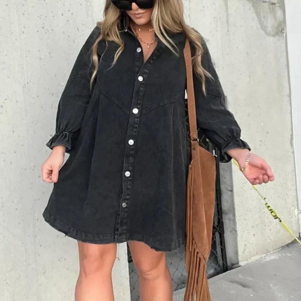 Allegra K Denim Shirt Dress Large Black Western Smocked Ruffle Mini V-Waist